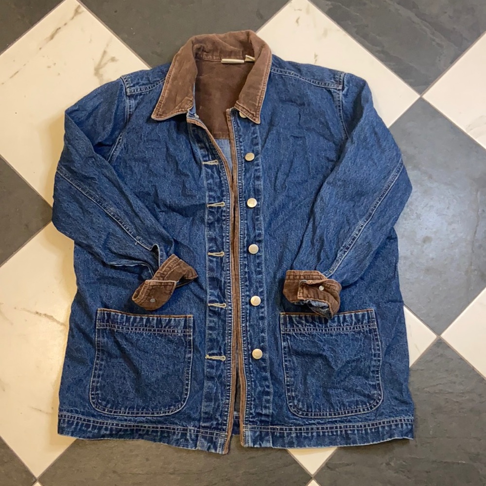 Vintage Dark Denim Jacket with Brown Corduroy Detail